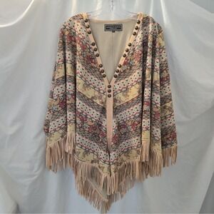 Double D Ranch Printed Fringe Poncho Southwestern Cowgirl Boho-chic Rodeo Sz S/M
